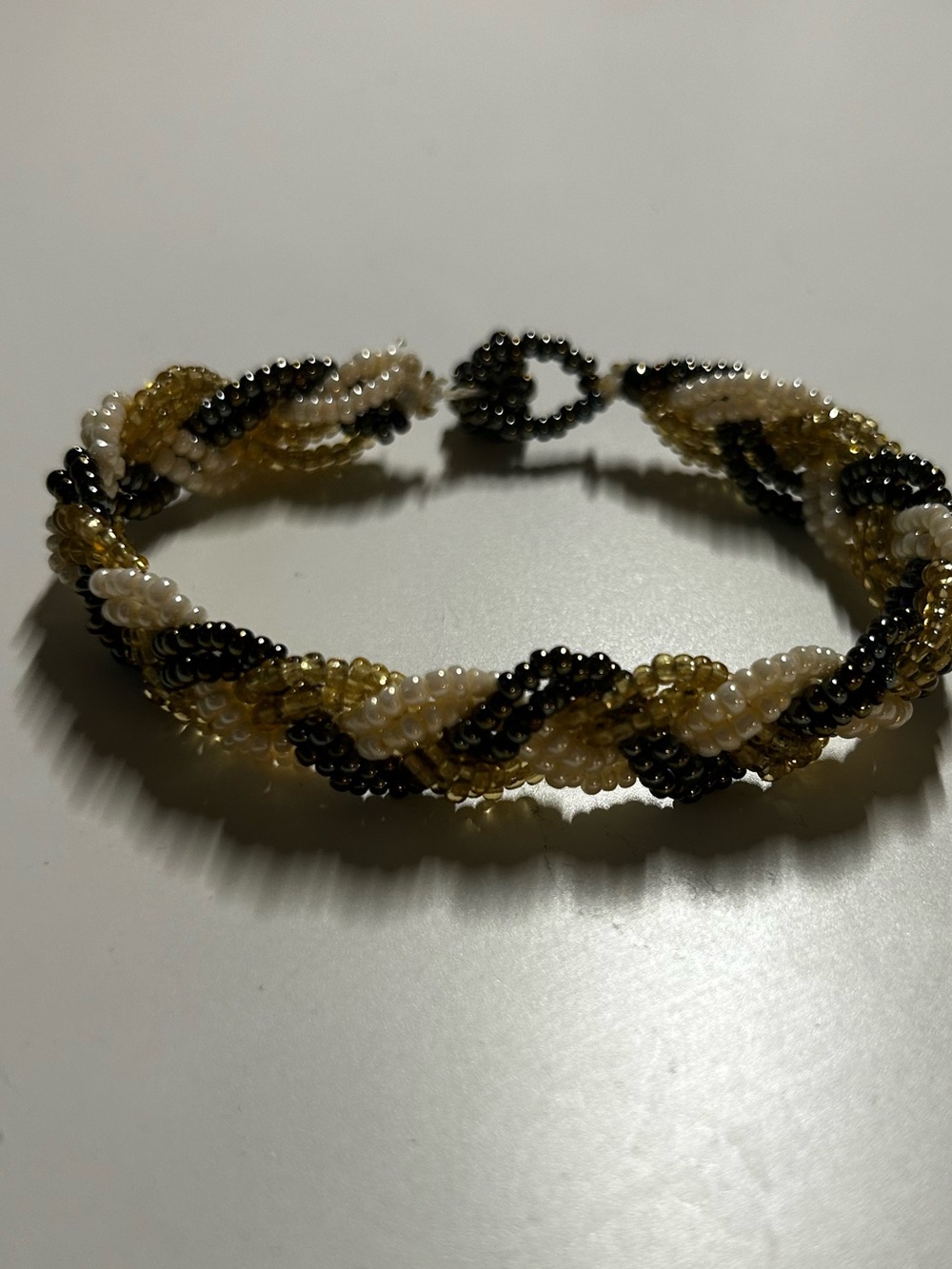 Handmade Black White Gold Braided Beaded Bracelet